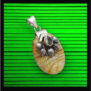 Botswana Agate & Peridot Gemstone Handcrafted Pendant 1.68" Made In India NWT